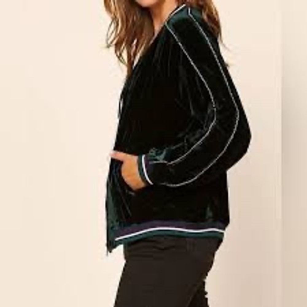 Skies Are Blue Velvet Bomber Jacket Womens Small Emerald Green Zip Ribbed Trim